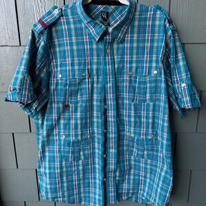 Cavi Mens‎ 3XL Teal Blue Plaid Utility Short Sleeve Button Down Shirt Epaulettes